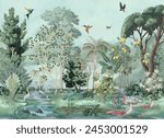 Palazzo wallpaper, Mughal wall paper, Birds, Tree, Watercolor background.