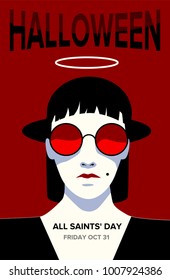 Pale blackhaired woman wearing red sunglusses with nimbus above her head. Halloween party poster in 80s-90s retro noir style.