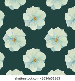 Pale blue apricot flowers watercolor pattern over a dark green background. Vintage floral pattern for wrapping paper and decoration. Gardening flowers inspired. Elegant blue buds and petals painting.