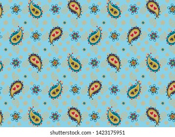 Pale blue background with cream ditsy floral and paisleys. Large navy, yellow, red and green paisley on top of cream and blue ground. Cute paisley and floral fashion print.