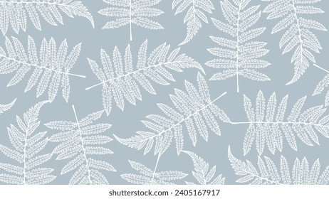 Pale blue botanical background with white outlines of fern branches. Botanical banner, poster, cover or card.