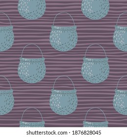 Pale blue cauldron ornament seamless doodle pattern. Purple striped background. Decorative backdrop for fabric design, textile print, wrapping, cover. Vector illustration