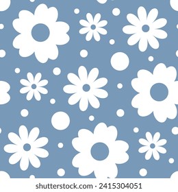 Pale blue floral abstract background with large white flowers. Pleasant repeat flowery texture for prints of women's dress, cozy home textiles. Simple vector illustration. Monochrome spring wallpaper.