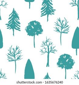 Pale blue and green seamless pattern with hand drawn taiga trees silhouettes. Monochrome mint texture with firs, birch and oak for textile, wrapping paper, surface, wallpaper, background