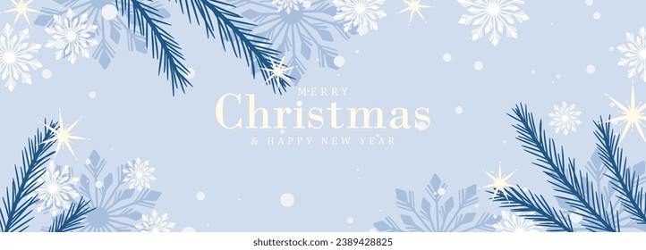 Pale blue New Year and Christmas winter card, poster, banner with Christmas tree branches, snowflakes and stars.