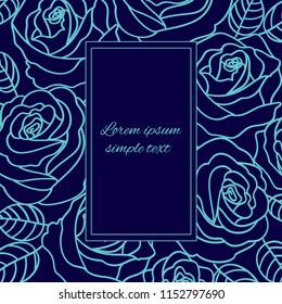 Pale blue outline vector roses on the navy background with rectangular frame, copy space. Floral design for greeting card 