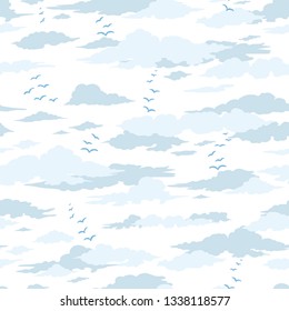 Pale Blue Sea of Cloud and Birds Seamless Pattern