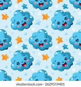 Pale blue seamless pattern with clouds. Happy baby clouds are flying.
