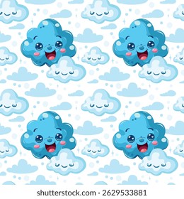 Pale blue seamless pattern with clouds, highlights and stars for design. Happy childhood dreams.