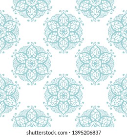 Pale blue seamless pattern on white backdrop. Geometric background. Indian style. Vector illustration