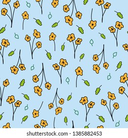 Pale Blue Seamless Pattern with Orange Flowers and Green Leaves