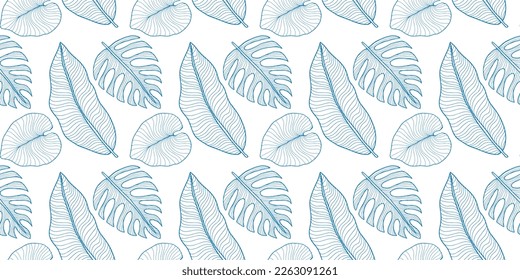 Pale blue seamless vector tropical pattern with palm leaves, banana leaves, monstera leaves for textiles, wrapping paper, covers