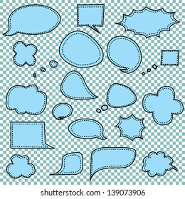 Pale Blue Speech Bubbles, Stitched on a Checkerboard Background, Vector Illustration