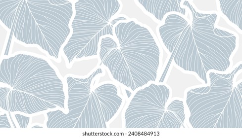 Pale blue tropical background with leaves. Light botanical background, poster, banner, card or cover