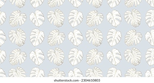 Pale blue tropical seamless pattern with golden monstera leaves. Pattern for textiles, covers, wallpapers, backgrounds, wrapping paper