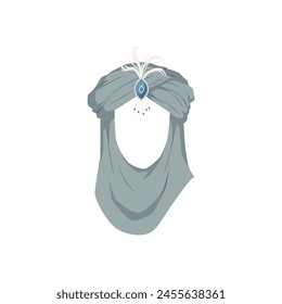 A pale blue turban with an elegant draped veil is adorned with a central eye-catching gem and feather detailing in this sophisticated vector illustration.