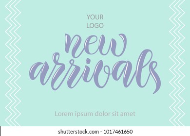 Pale blue vector illustration of New Arrivals calligraphy, logotype, text on mint green background with zigzag pattern for advert, decoration, movie.Drawn art sign for Online web Page, email template