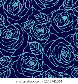 Pale blue vector outline roses on the navy blue background pattern