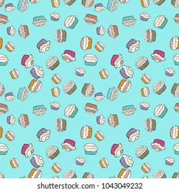 Pale blue, white and beige seamless pattern with cupcakes. Sweets background design. Cute birthday background on blue, white and beige. Vector illustration.