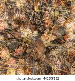 Pale brown. Squares of strokes. Converging wavy lines. Overlay, overlapping, transparency.
