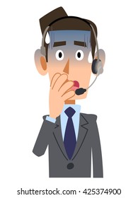 Is pale businessman wearing the headset