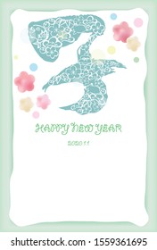 Pale color New Year's card illustration of calligraphy with hand-drawn patterns./ Japanese characters are "mouse" in English.