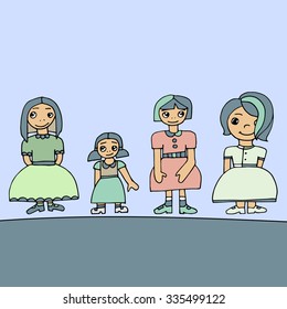 Pale colored set of four cute graphic hand drawn girls, vector illustration