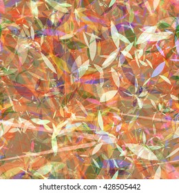 Pale colored stylized leaves, stripes and scratches on brown background. Mix random. Abstract seamless pattern.