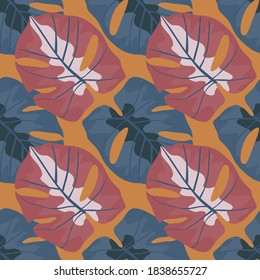 Patrón inmaculado de color pálido con hojas monsteras de tonos rojos y azul marino. Fondo naranja. Huella botánica. Fondo decorativo para el diseño de tela, textil, envoltura, cubierta. Ilustración del vector