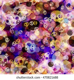 Pale colorful seamless vector background of stylized skulls and stains. Overlapping, transparent, overlay, randomly mixed. Decorative pattern for Halloween, fabrics, printing, book covers