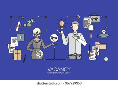 Pale colors flat people characters, blonde woman with key and man with ideas, recruiting employees, job interview flat concept. For website or infographics of human resource hiring best candidate.