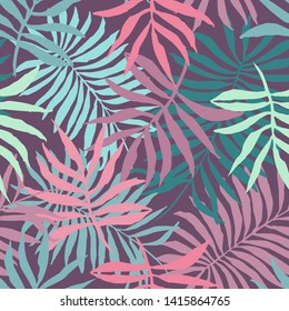 Pale colors seamless pattern with overlap mess of hand drawn fern tropical leaves. Trendy exotic plants texture for textile, wrapping paper, surface, wallpaper, background