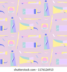 Pale colors seamless pattern with tooth hygiene tools. Violet and yellow dental morning and evening cleaning teeth texture for wrapping paper, textile, cover, background, wallpaper