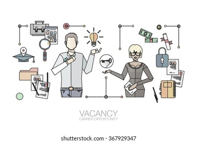 Pale colorse flat people characters, blonde woman with key and man with ideas, recruiting employees, job interview flat concept. For website or infographics of human resource hiring best candidate.
