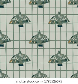 Pale doodle seamless birds pattern. Grey tones animal elements on chequered background. Vintage style. Designed for wallpaper, textile, wrapping paper, fabric print. Vector illustration.
