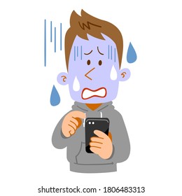 A pale expression of a young man operating a smartphone