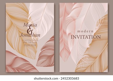 Pale feathers. Line art bird feather. Card, wallpaper, background template. Soft, elegant concept. Luxury design. Soft natural colors.