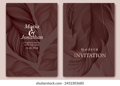 Pale feathers. Line art bird feather. Card, wallpaper, background template. Soft, elegant concept. Luxury design. Soft natural colors.