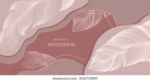 Pale feathers. Line art bird feather. Card, wallpaper, background template. Soft, elegant concept. Luxury design. Soft natural colors.