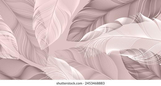 Pale feathers. Line art bird feather. Card, wallpaper, background template. Soft, elegant concept. Luxury design. Soft natural colors.