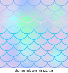 Pale fish scale vector seamless pattern.  Square fishscale swatch texture or background. Blue yellow pink gradient mesh. Mermaid pattern or decor element. Fish skin or Mermaid tail texture