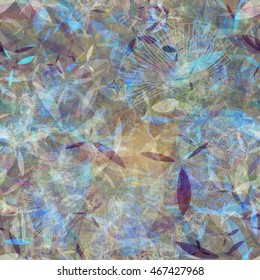 Pale floral abstract pattern with stylized feathers, leaves, petals. Seamless vector background for fabric, book covers, Boho design. The effect of watercolors and blur
