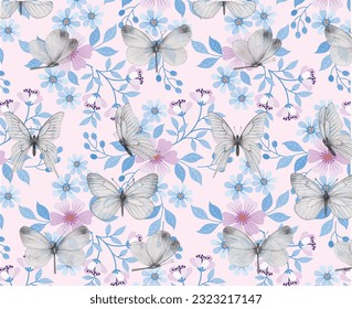 pale floral print with grey butterflies over it