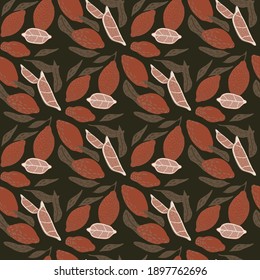 Pale fruit seamless pattern with brown colored lemon shapes and foliage. Dark background. Vector illustration for seasonal textile prints, fabric, banners, backdrops and wallpapers.