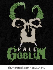 Pale goblin. Stylish poster of goblin face with green horns on grunge background. Good fore t-shirt, stickers, labels.  