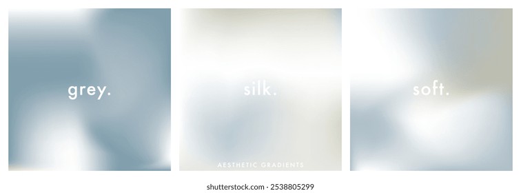 Carteles de degradado pálido. Colores gris claro, crudo y blanco. Conjunto de 3 cuadrados elegante abstracto sublte gris gradiente de fondo. Fondo neutro suave simple. Textura Abstractas del Vector para la cubierta, poste