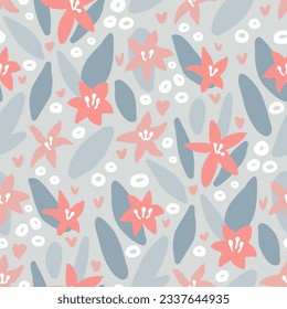 Pale gray abstract floral background pattern for baby products. Cute naive childish hand drawn flowers in abstract shape for seamless fabric prints in girlish dresses. Cute texture for wallpapers, cas