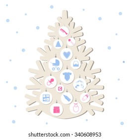 Pale gray Christmas tree decorated with flat icons of toys clothes and other stuff for newborn babies.