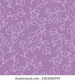 Pale gray line art creates a soft surface texture pattern of leaves, tulips, and vines on a mauve background.