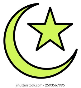 Pale green crescent moon with a five-pointed star is depicted in a graphic design suitable for cultural or religious themes.